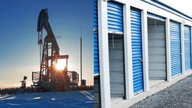 Picture of oil rig and storage unit to illustrate a couple's journey to financial independence