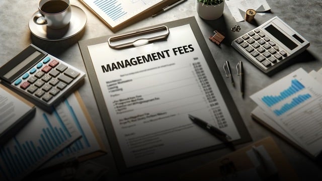 Desk with a document titled 'MANAGEMENT FEES' highlighting property management fee structures, alongside calculators, charts, and a coffee cup