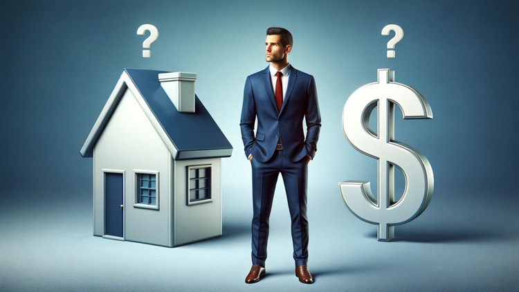 A confident man in a blue suit stands between a model house and a large dollar sign, symbolizing real estate investing decisions.