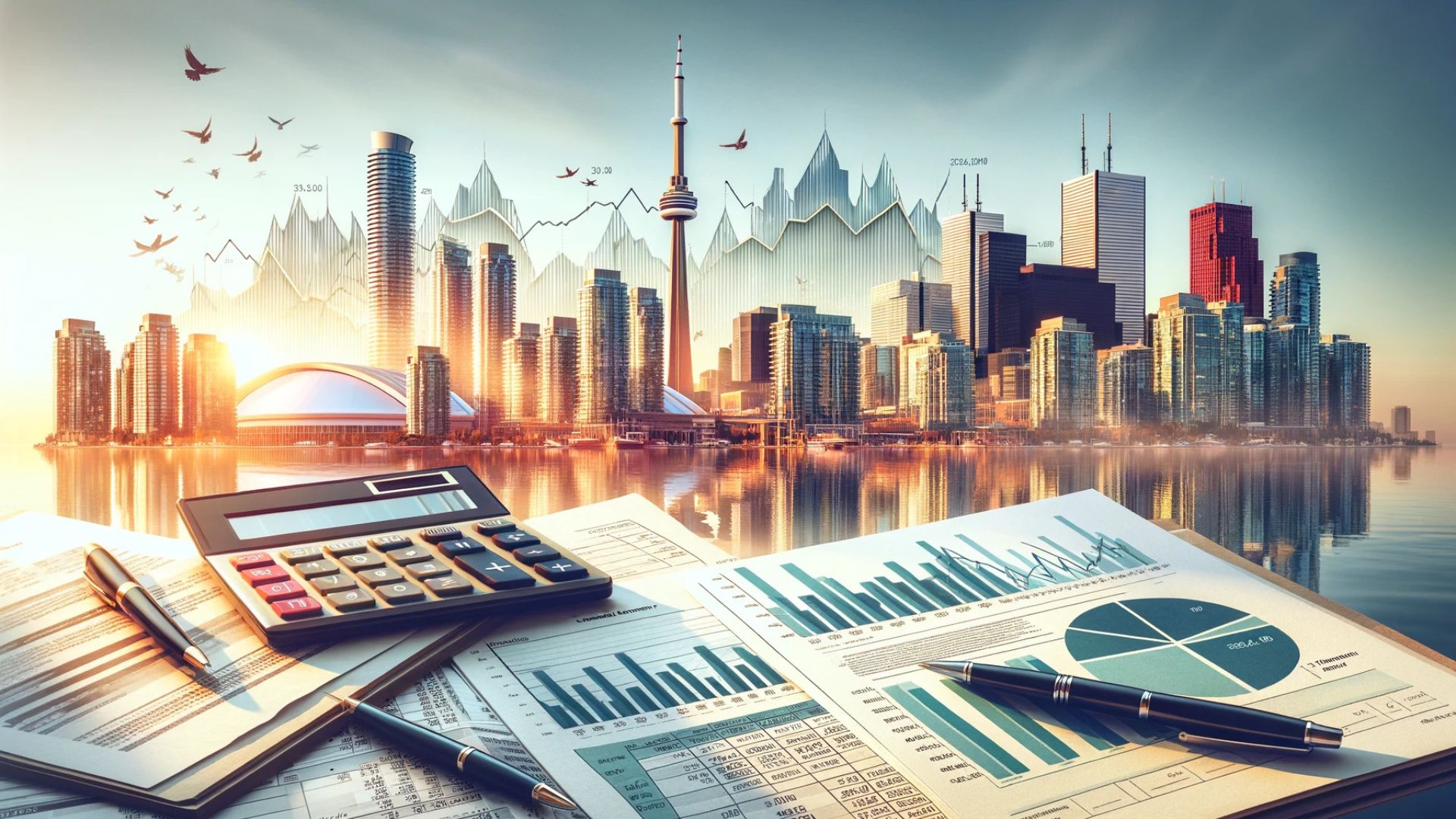 Visual representation of the national housing market with city skyline, financial documents, charts, and calculator, reflecting Canadian real estate trends and analysis.